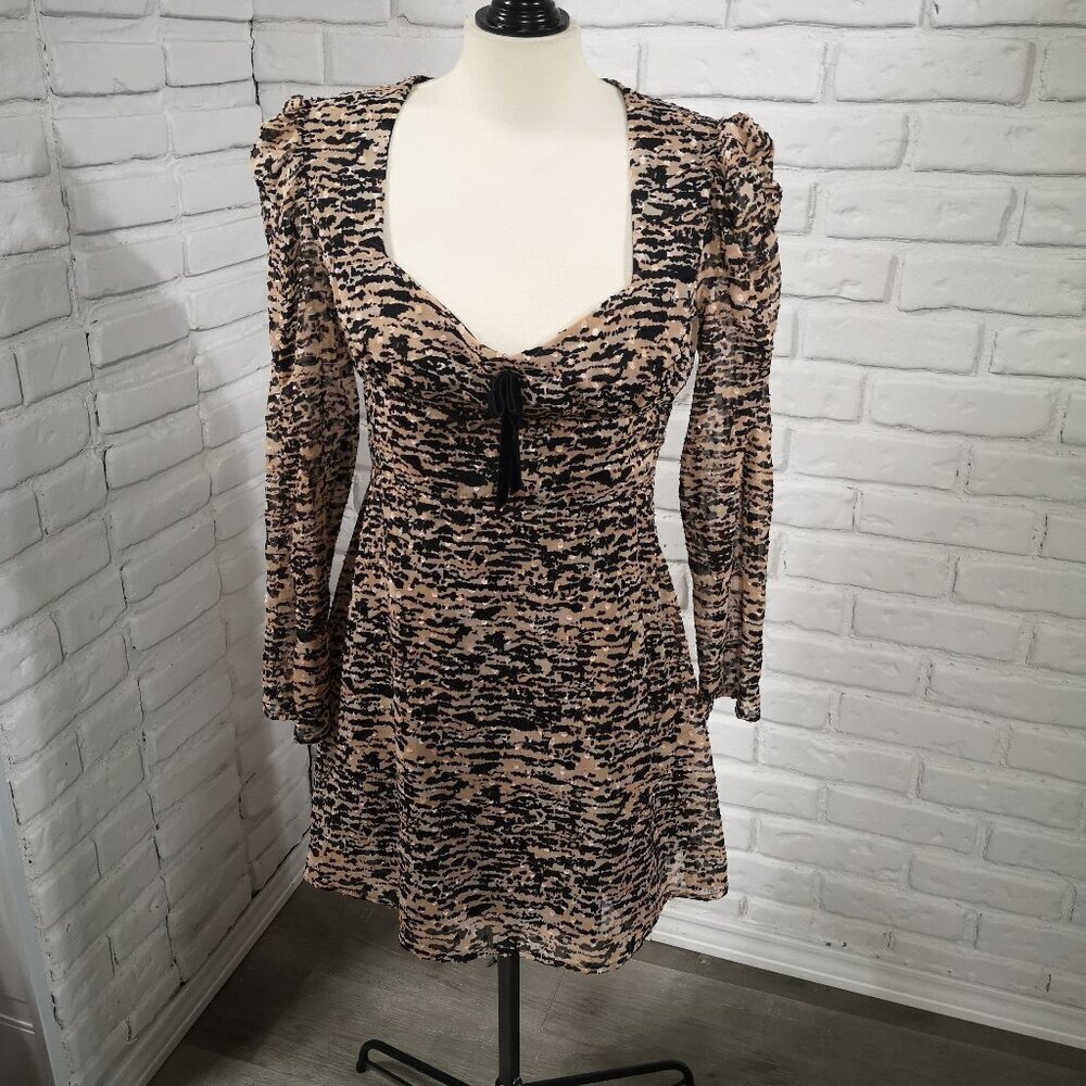 NWT Zara Ladies Size Large Tan & Black Animal Print Long Sleeves Flared Dress